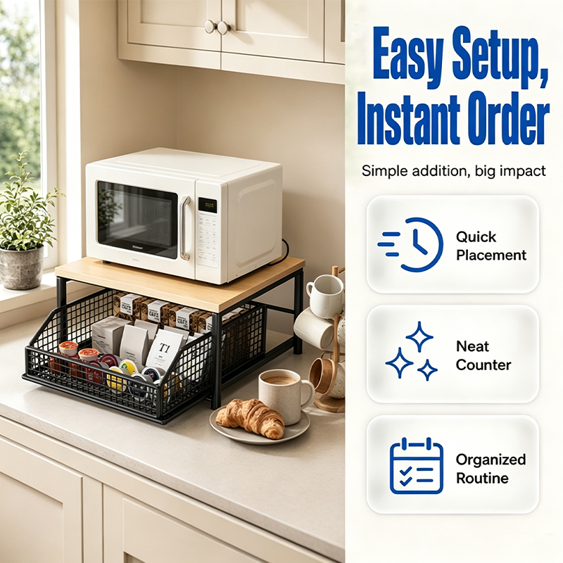 💥2-Tier Kitchen Microwave Stand with Slide-Out Drawer — Heavy-Duty Countertop Shelf