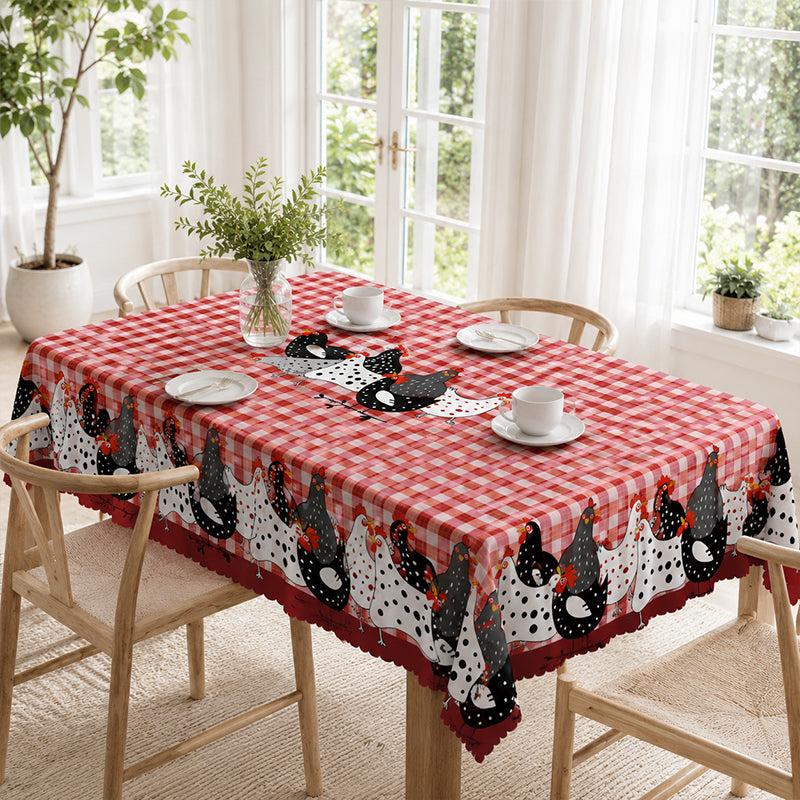 🐓 Farmhouse Rooster Tablecloth – Red Buffalo Plaid Chicken Table Cover, Spill Proof & Scalloped Lace Edge ✨