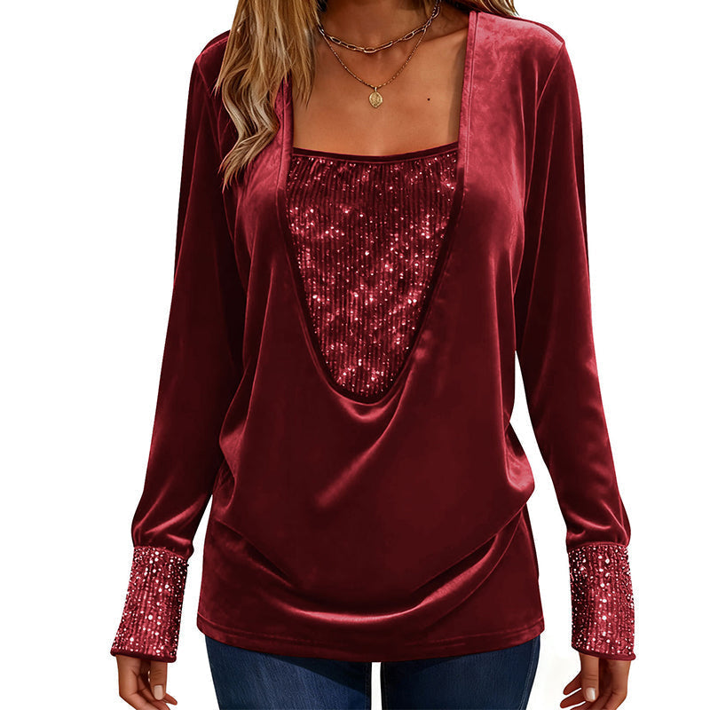 Women's Sequin Patchwork Long Sleeve Top