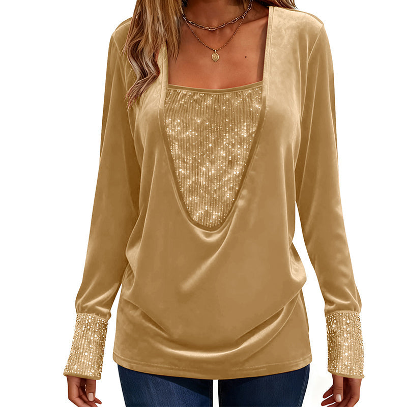 Women's Sequin Patchwork Long Sleeve Top