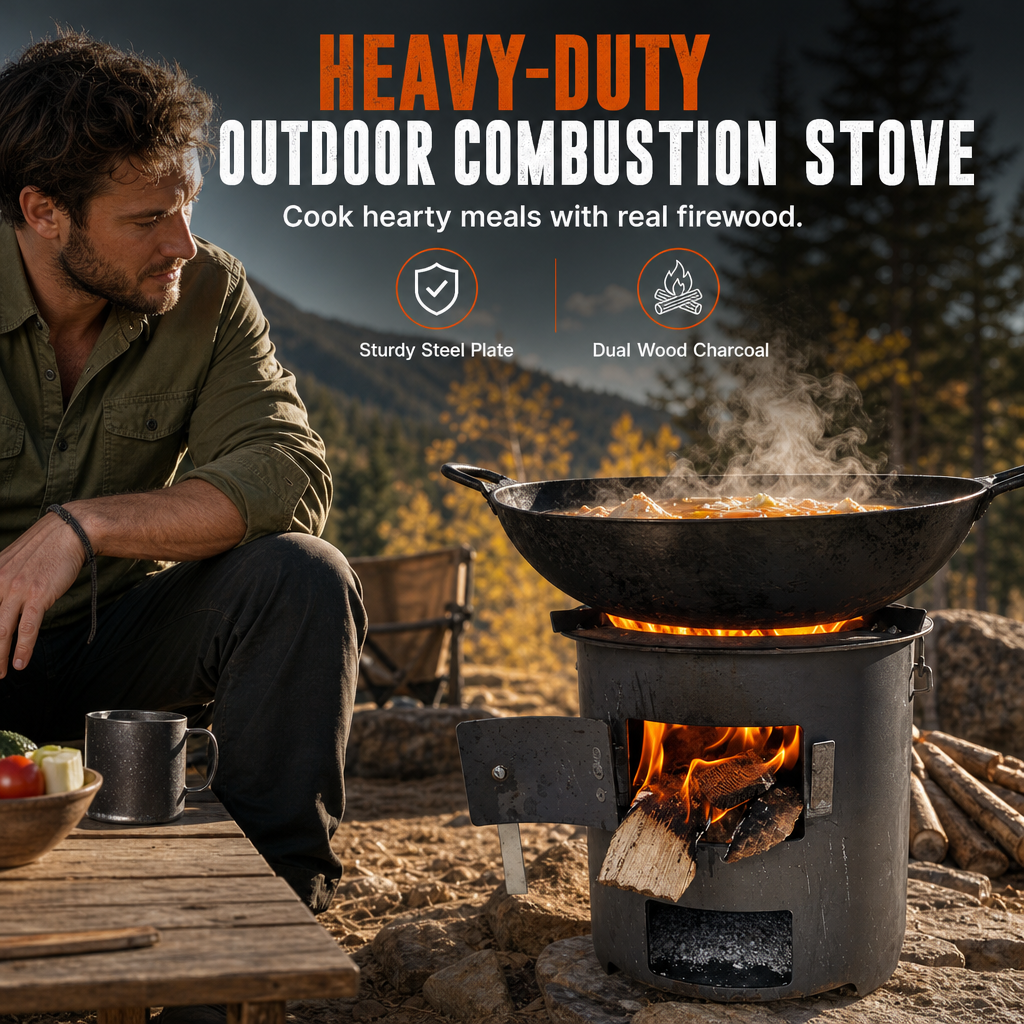 🔥 Heavy-Duty Camping Stove: Carbon Steel, Wood & Charcoal, High-Draft Airflow, 3-in-1 Cook