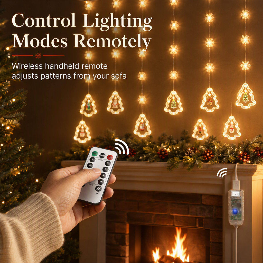 LED Christmas Icicle String Lights USB Powered Star and Christmas Tree Ring Hanging Lights for Holiday Window Decoration