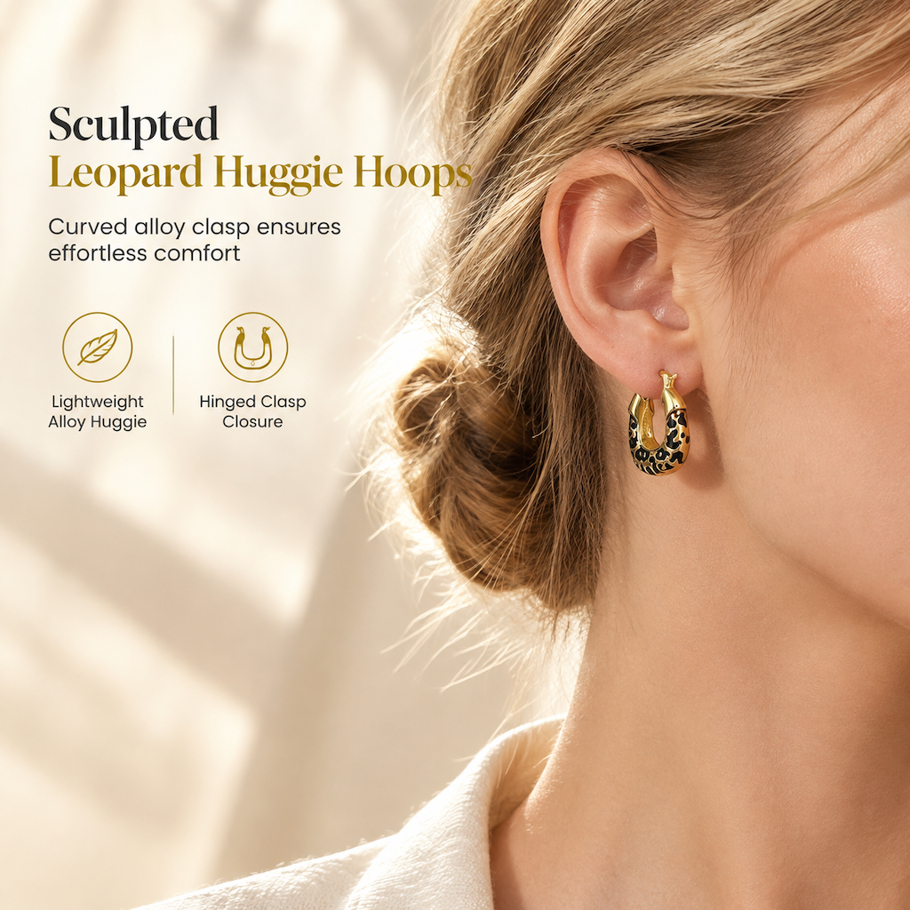 Vintage Leopard Print U-Shaped Huggie Hoop Earrings—Lightweight, Gold, Limited Edition!
